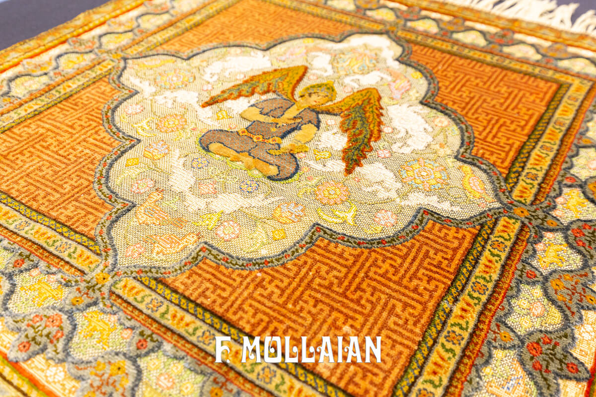Tapis Qum Kapi Rare Motif Ange, Soie et Métal n°:101192